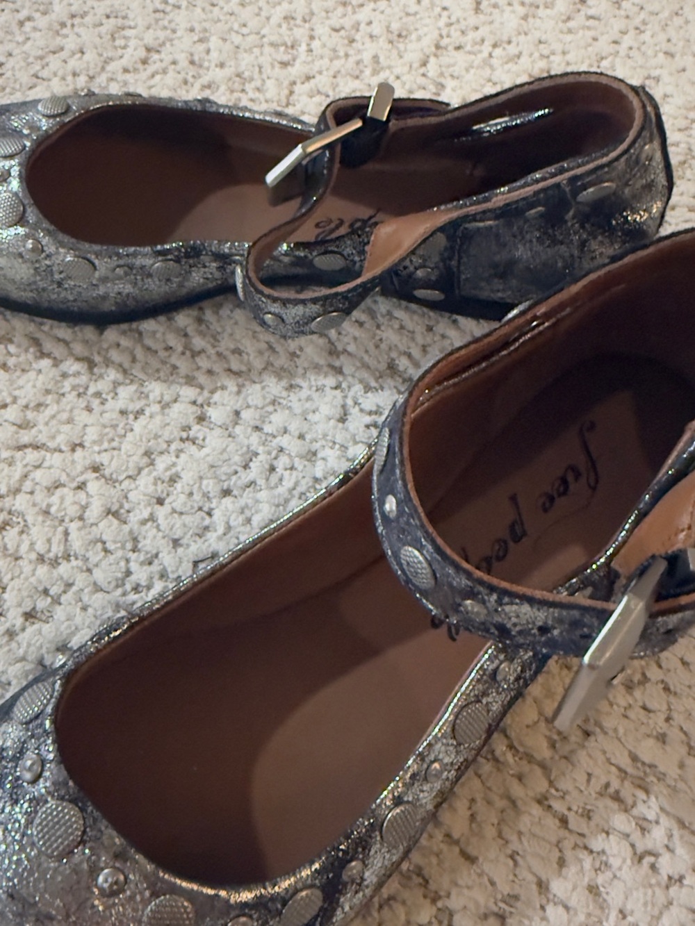 Free People Metallic Silver Mary Jane Flats with Ankle Strap - Picture 4 of 6